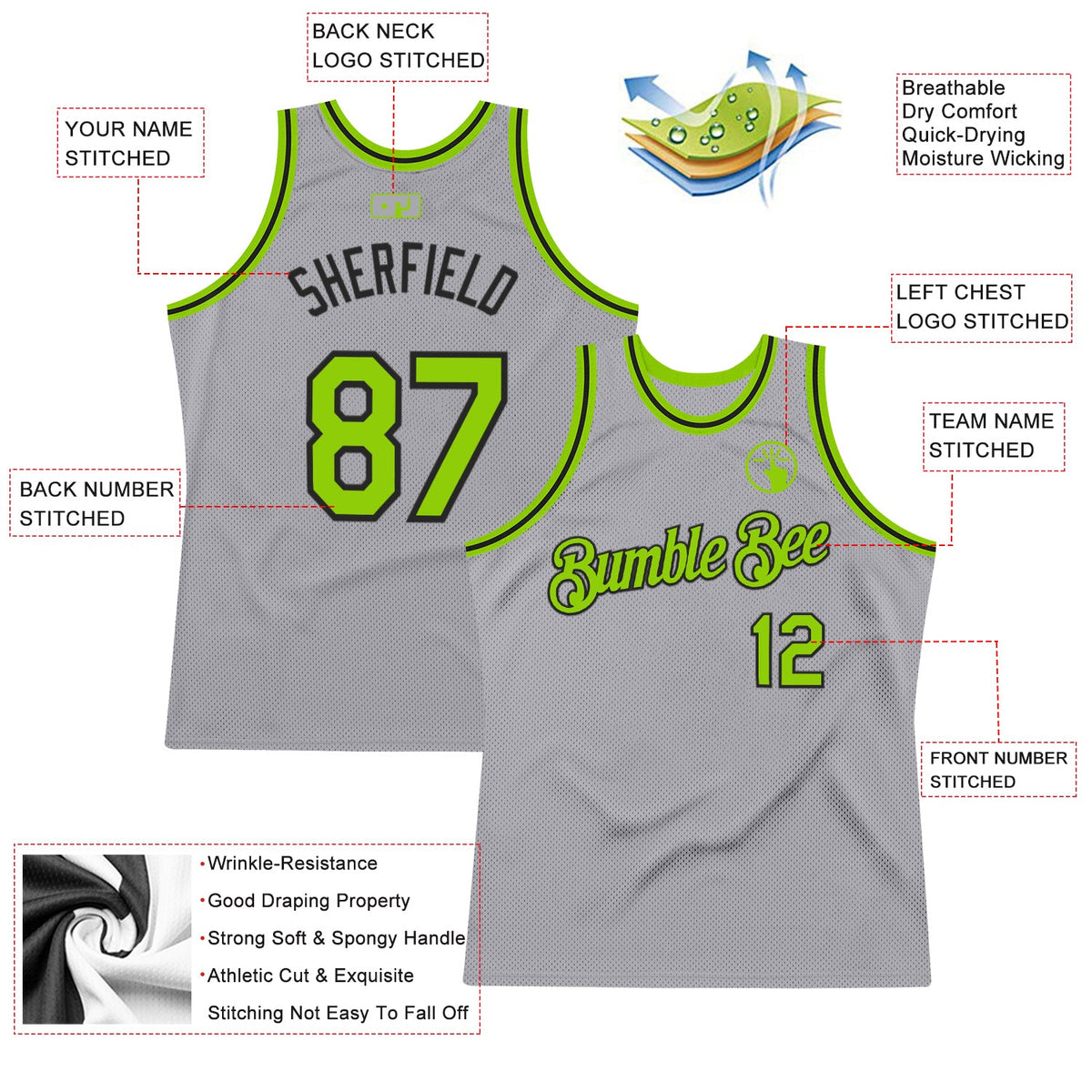 Custom Gray Neon Green-Black Authentic Throwback Basketball Jersey