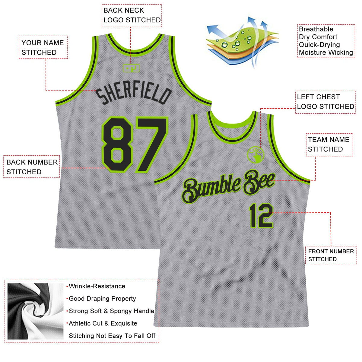 Custom Gray Black-Neon Green Authentic Throwback Basketball Jersey