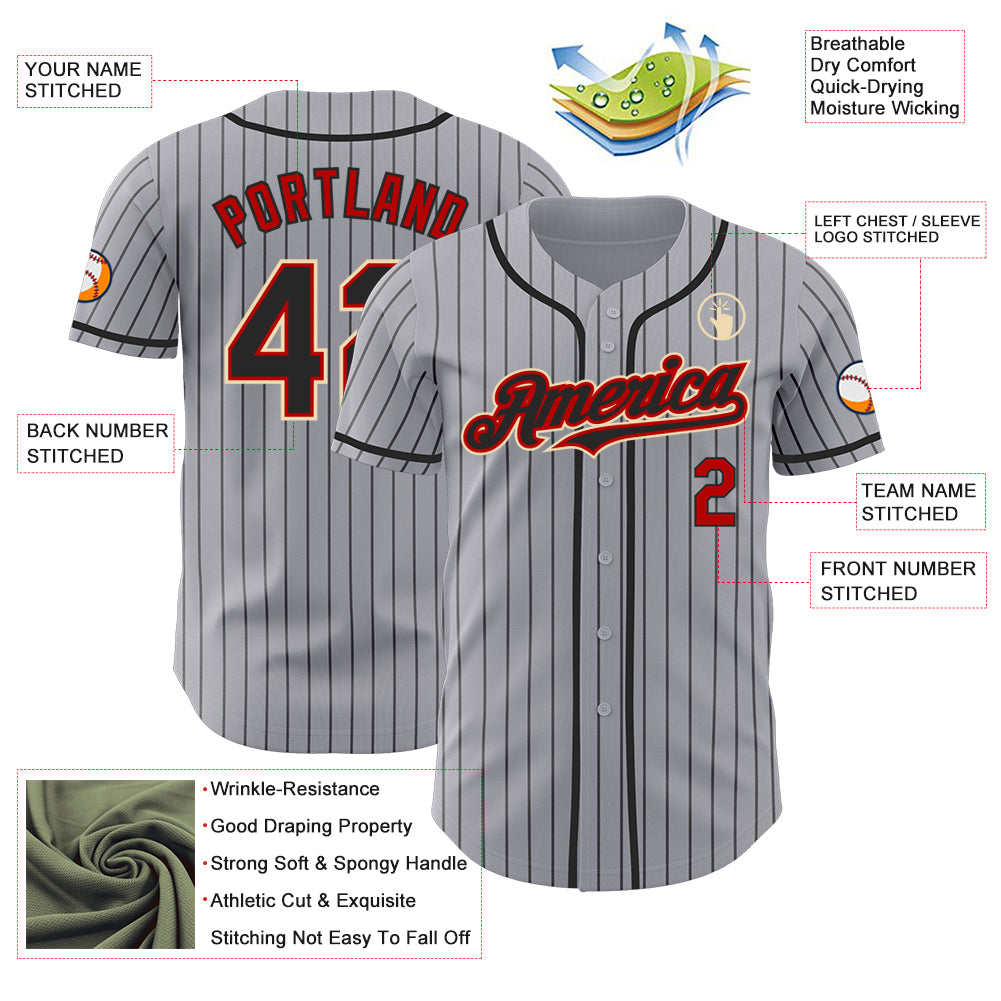 Custom Gray Black Pinstripe Red-Cream Authentic Baseball Jersey