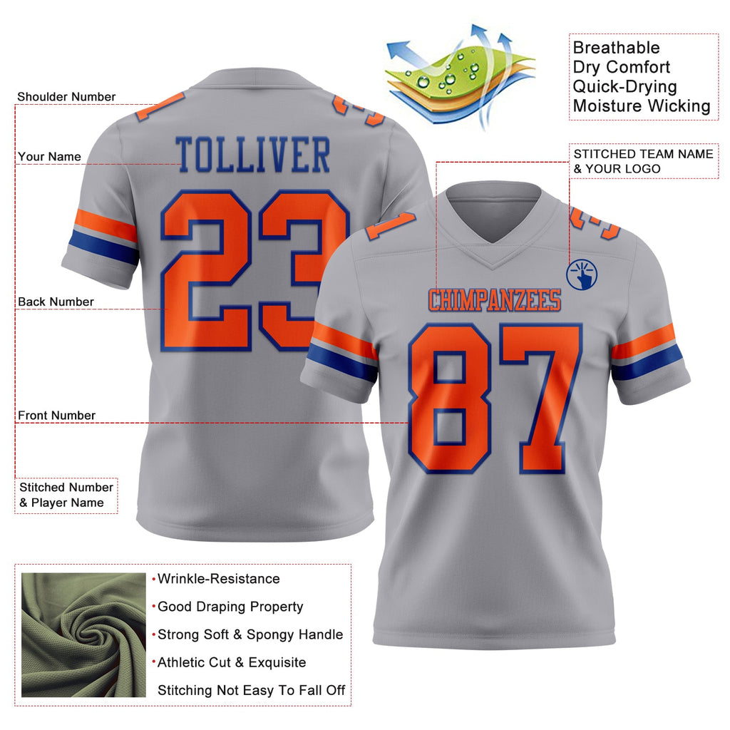 Custom Gray Orange-Royal Authentic Football Jersey