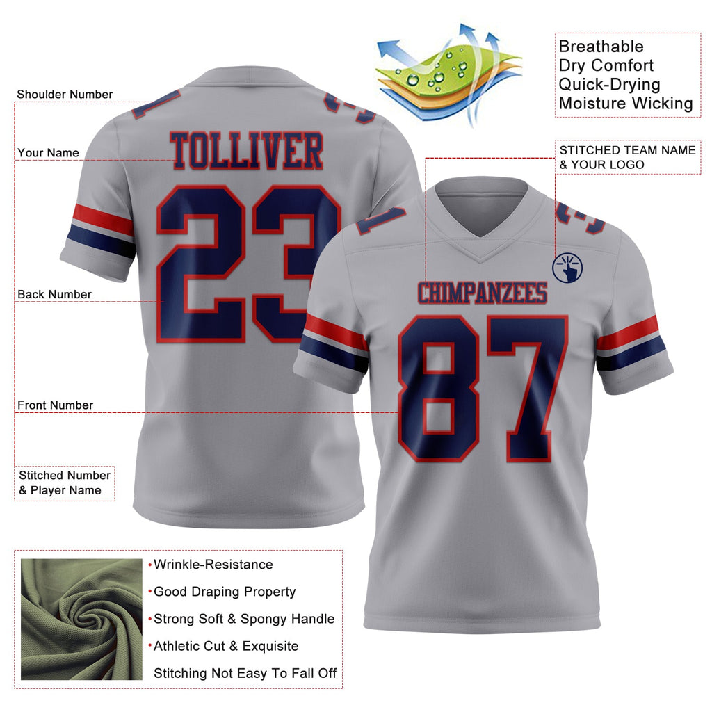 Custom Gray Navy-Red Authentic Football Jersey