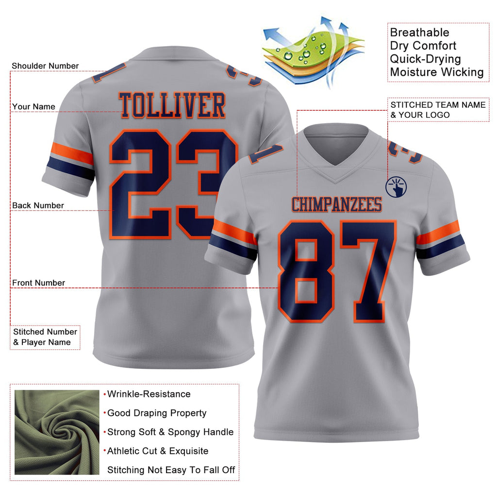 Custom Gray Navy-Orange Authentic Football Jersey