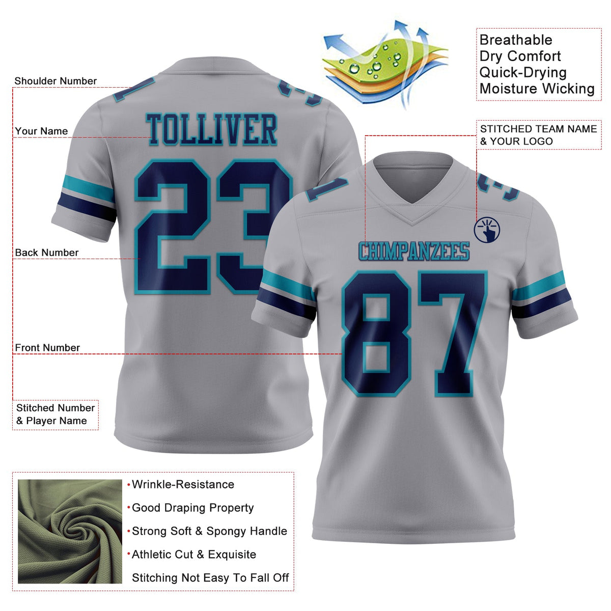 Custom Gray Navy-Teal Authentic Football Jersey