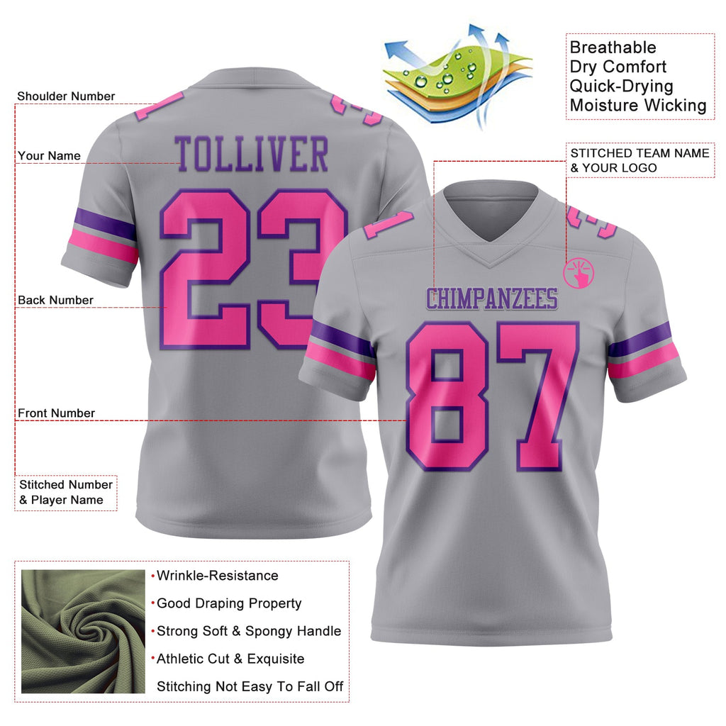 Custom Gray Pink-Purple Authentic Football Jersey