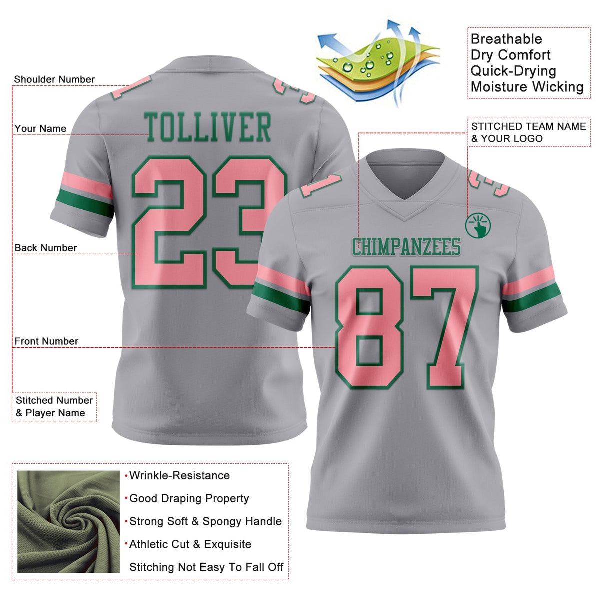 Custom Gray Medium Pink-Kelly Green Authentic Football Jersey