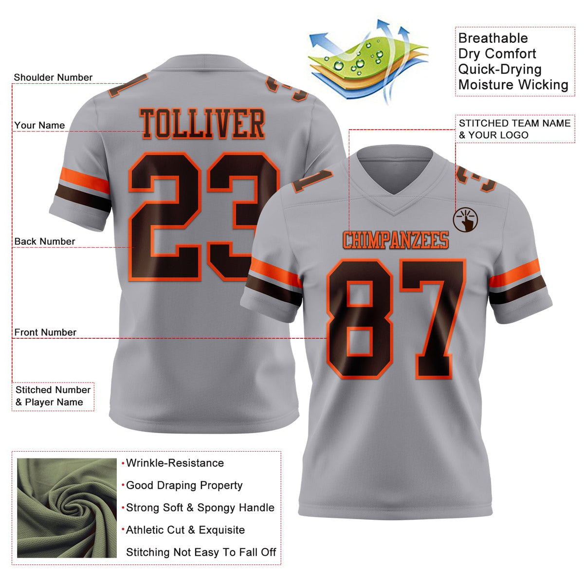 Custom Gray Brown-Orange Authentic Football Jersey