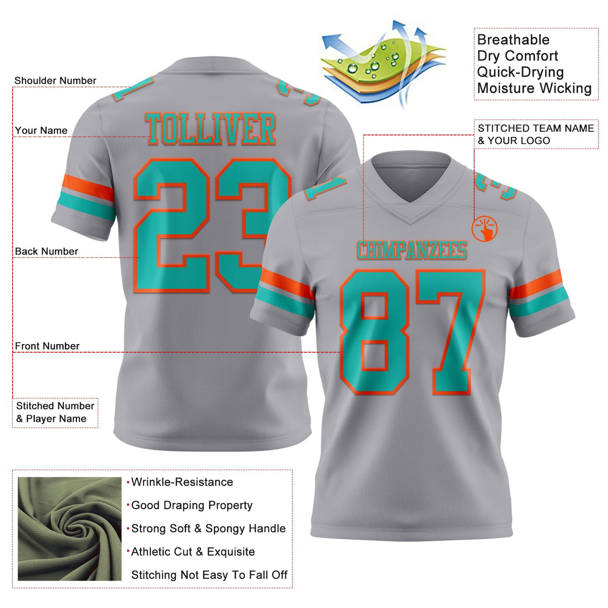 Custom Gray Aqua-Orange Authentic Football Jersey