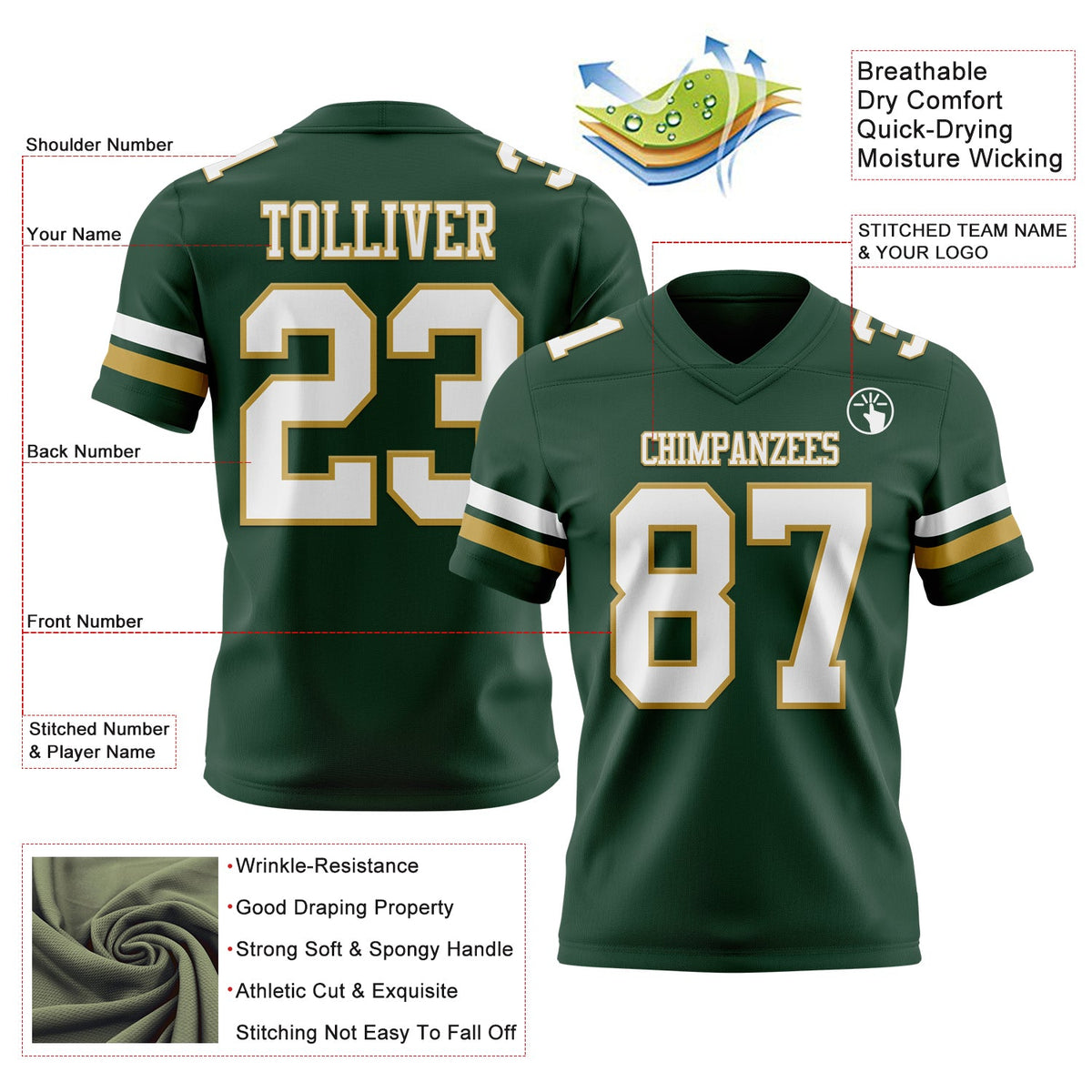 Custom Green White-Old Gold Authentic Football Jersey