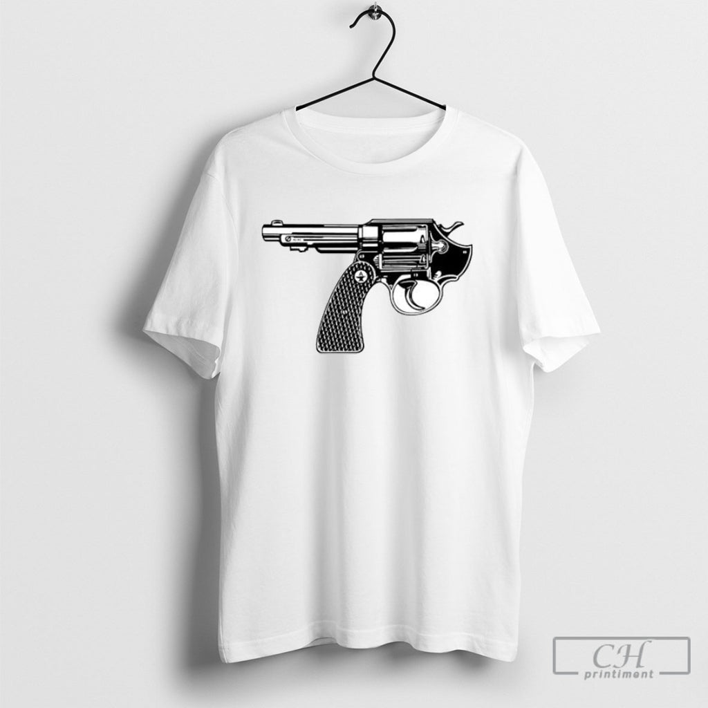 Handgun Black And White Revolver Gun Blueprint Posters White Shirt