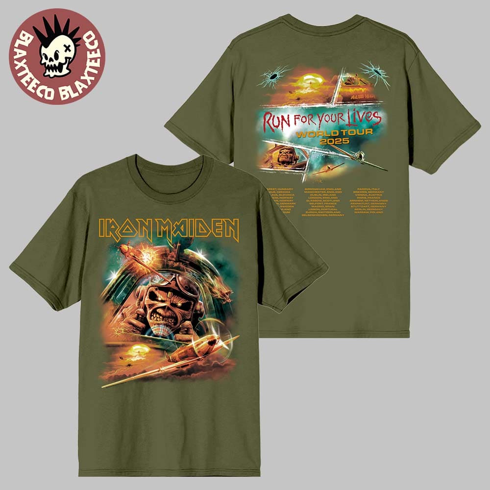 Iron Maiden Run For Your Lives World Tour 2025 Aces High Death Defying Eddie Two Sided Green T-Shirt