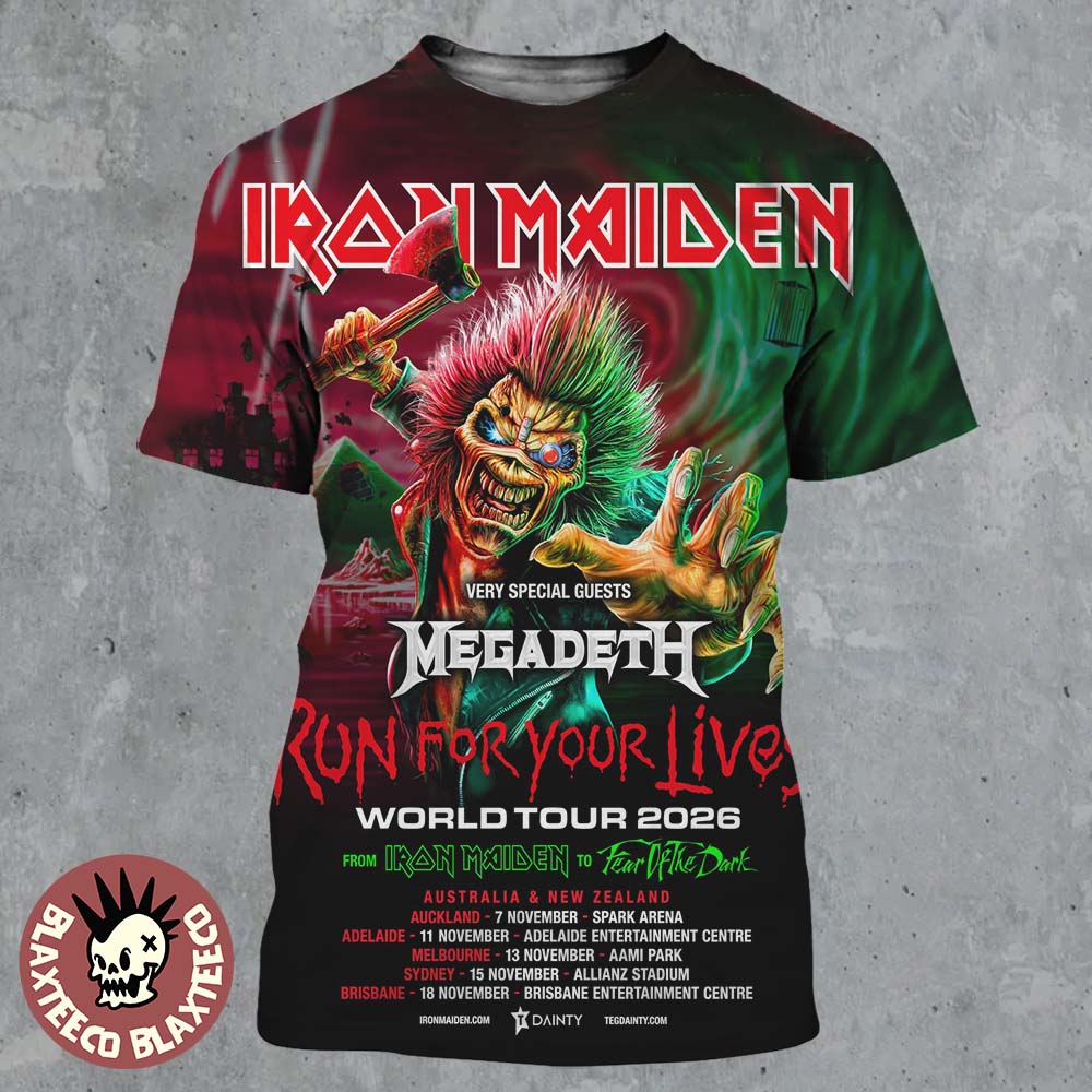 Iron Maiden Run For Your Lives World Tour 2026 Australia And New Zealand With Megadeth Schedule Dates All Over Print Shirt