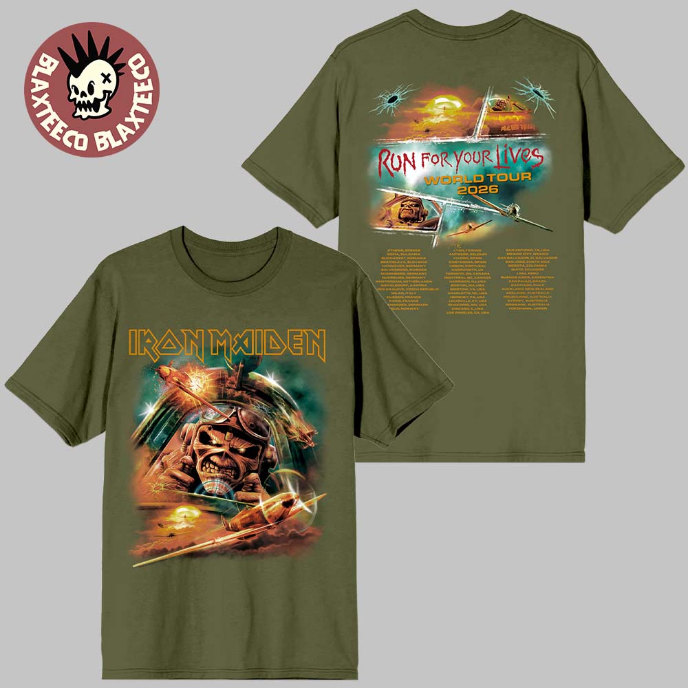 Iron Maiden Run For Your Lives World Tour 2026 Merch Aces High Pillot Eddie Green T-Shirt