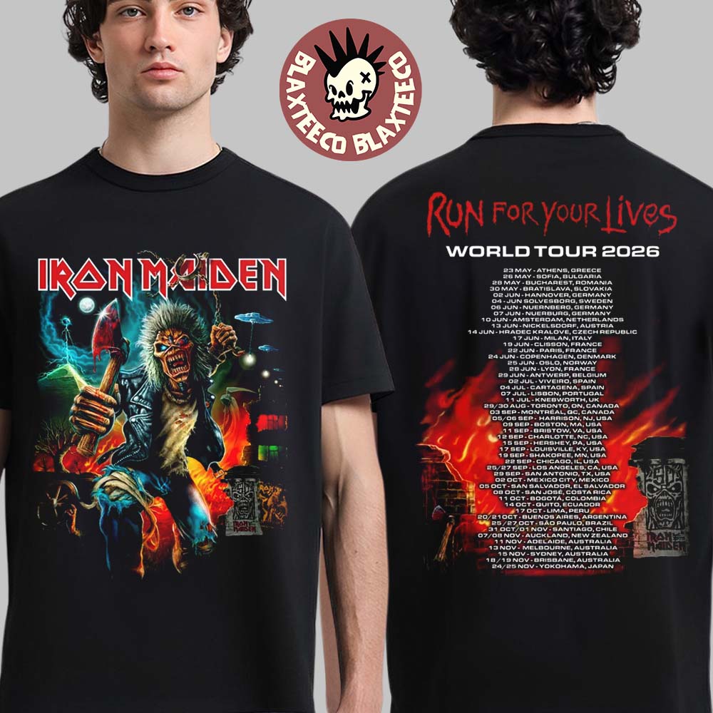 Iron Maiden Run For Your Lives World Tour 2026 Merch Eddie With Axe Two Sided T-Shirt