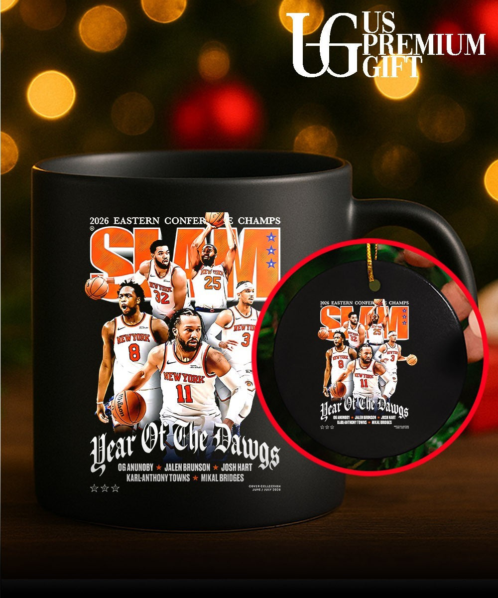 Jalen Brunson Josh Hart Karl-Anthony Towns Mikal Bridges New York 2026 Eastern Conference Champs celebrating basketball NBA Slam Year of the Dawgs graphic shirt