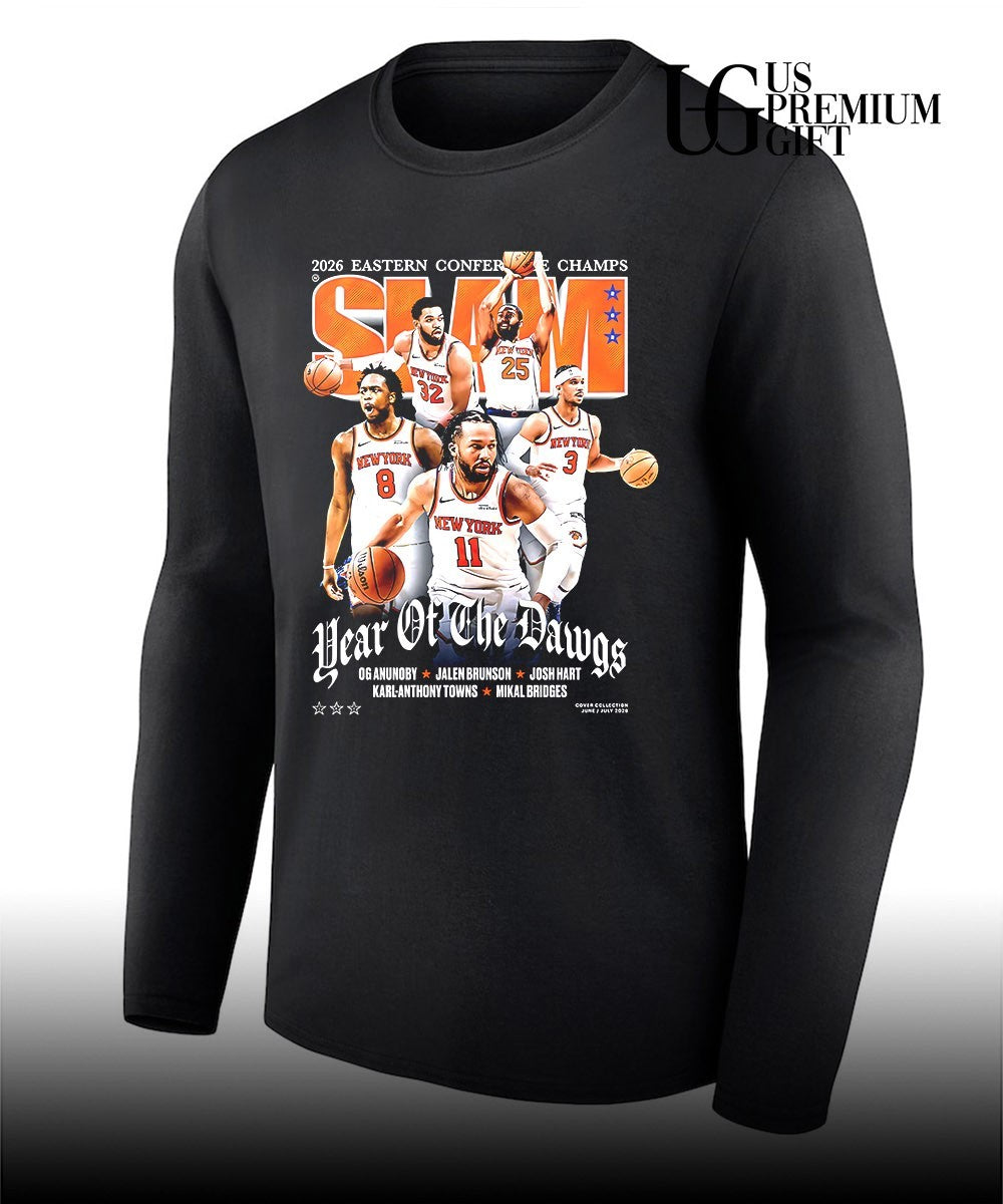 Jalen Brunson Josh Hart Karl-Anthony Towns Mikal Bridges New York 2026 Eastern Conference Champs celebrating basketball NBA Slam Year of the Dawgs graphic shirt