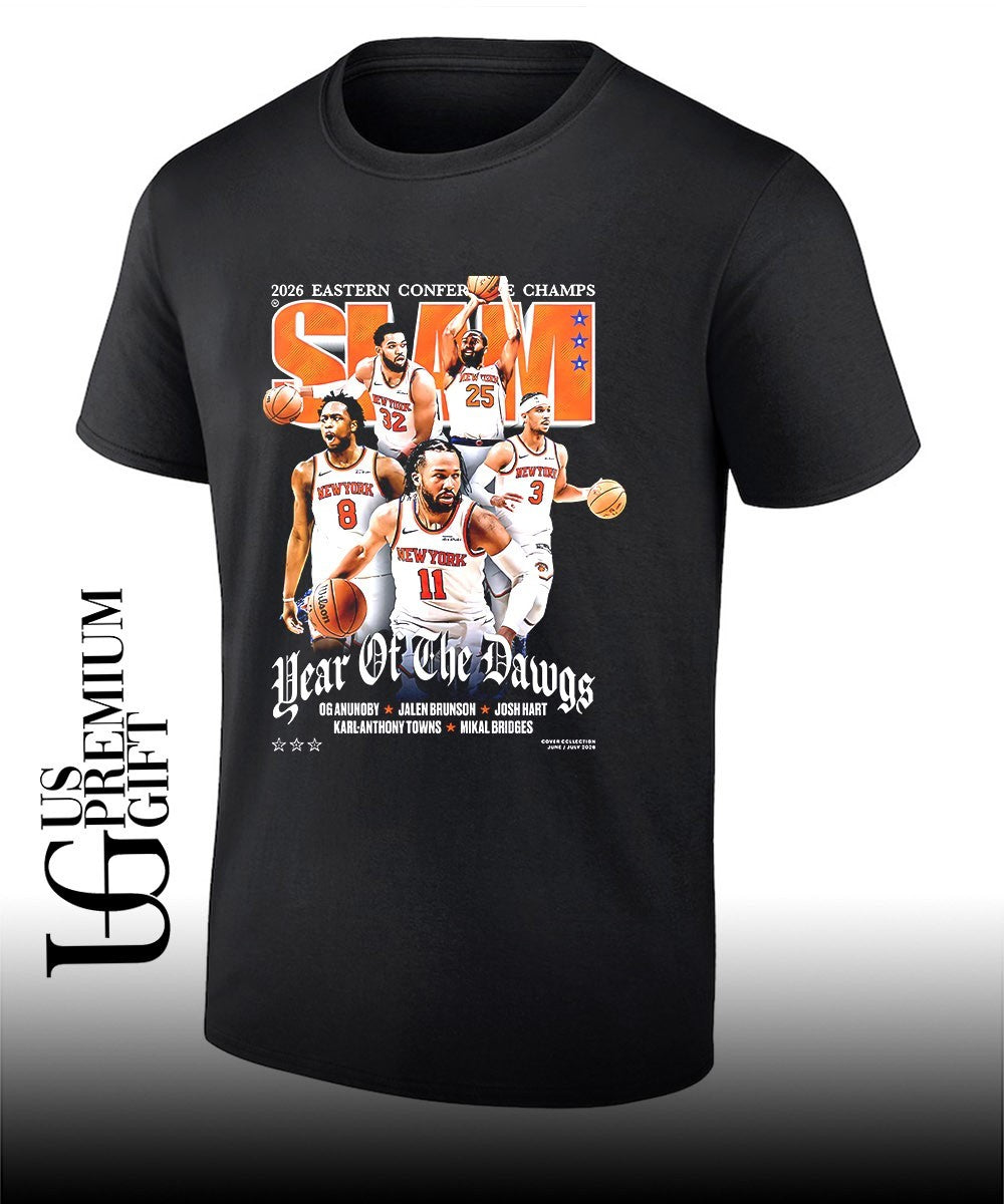 Jalen Brunson Josh Hart Karl-Anthony Towns Mikal Bridges New York 2026 Eastern Conference Champs celebrating basketball NBA Slam Year of the Dawgs graphic shirt