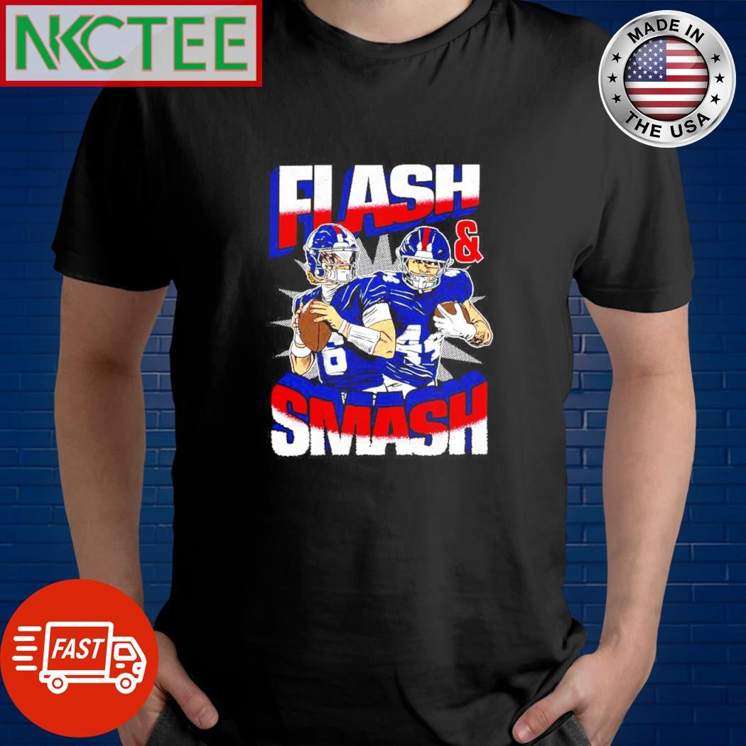 Jaxson Dart And Cam Skattebo Flash And Smash New York Giants hold ball shirt