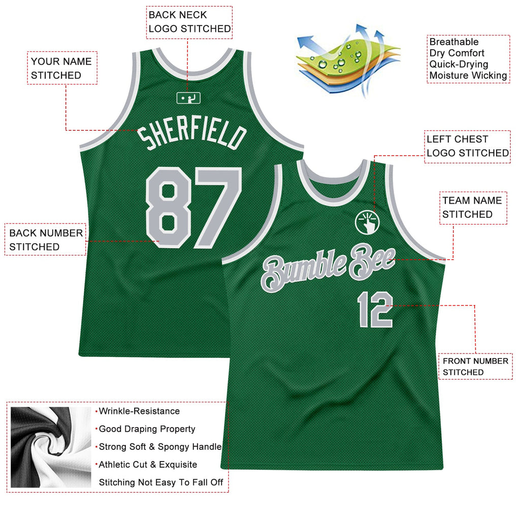 Custom Kelly Green Gray-White Authentic Throwback Basketball Jersey