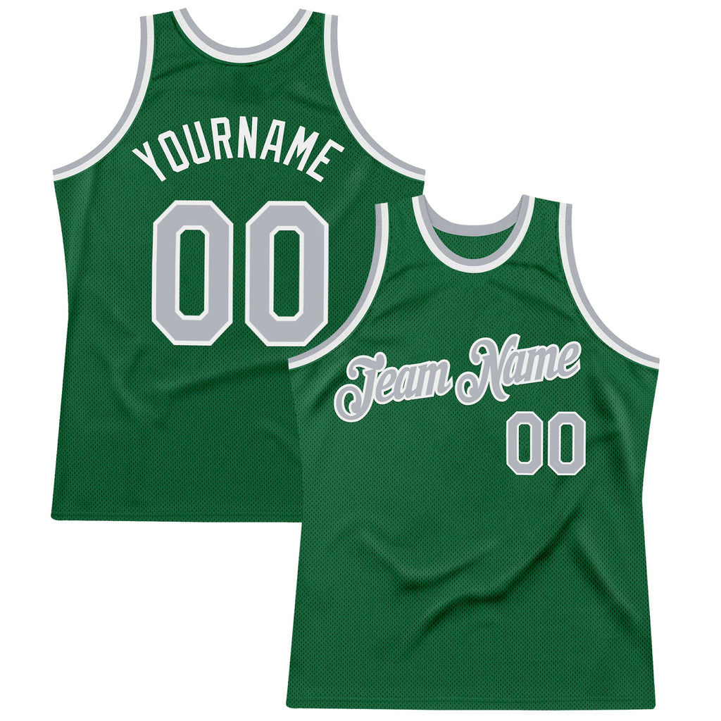 Custom Kelly Green Gray-White Authentic Throwback Basketball Jersey