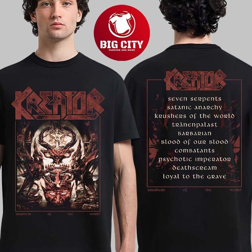 Kreator Krushers of The World Vintage Cover Tracklist Two Sided Shirt