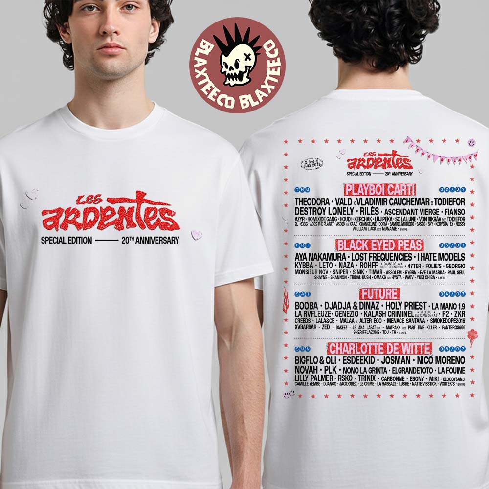Les Ardentes 2026 Special Edition 20th Anniversary Full Lineup At Parc Astrid In Liège Belgium On July 2 3 4 5 2026 Two Sided T-Shirt