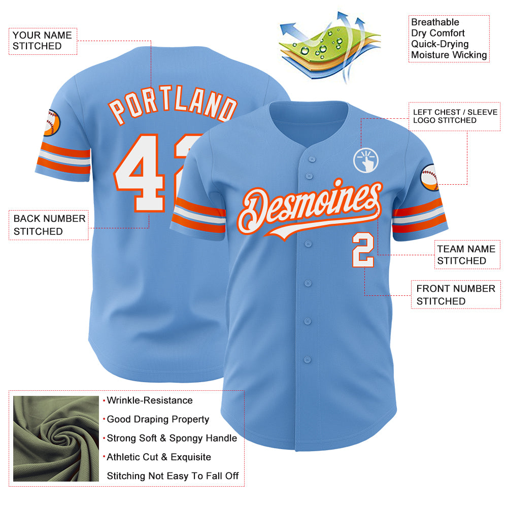 Custom Light Blue White-Orange Authentic Baseball Jersey