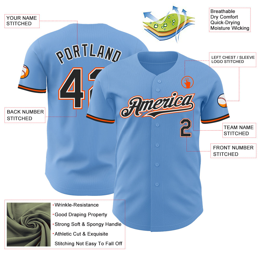 Custom Light Blue Black White-Orange Authentic Baseball Jersey