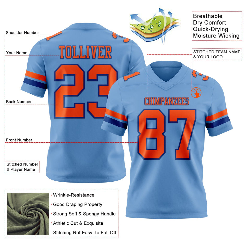 Custom Light Blue Orange-Royal Authentic Football Jersey