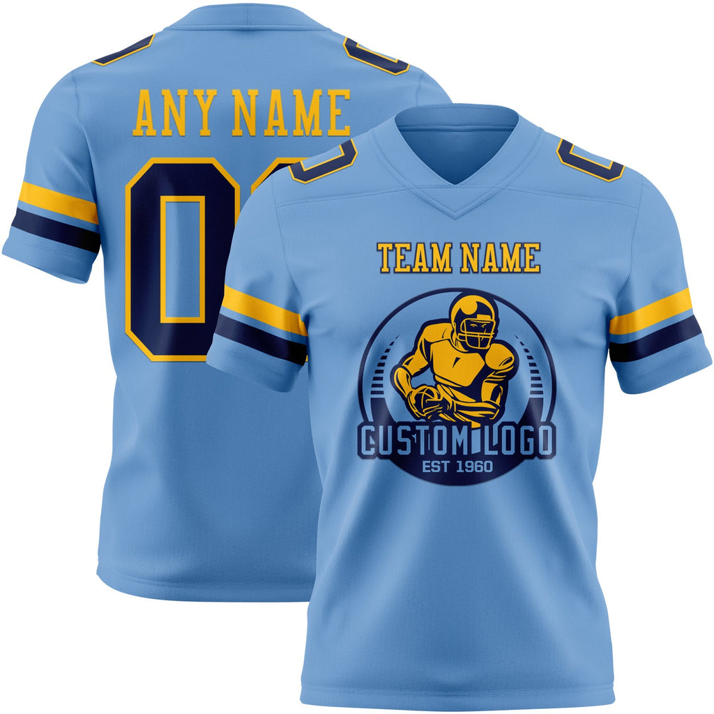 Custom Light Blue Navy-Gold Authentic Football Jersey