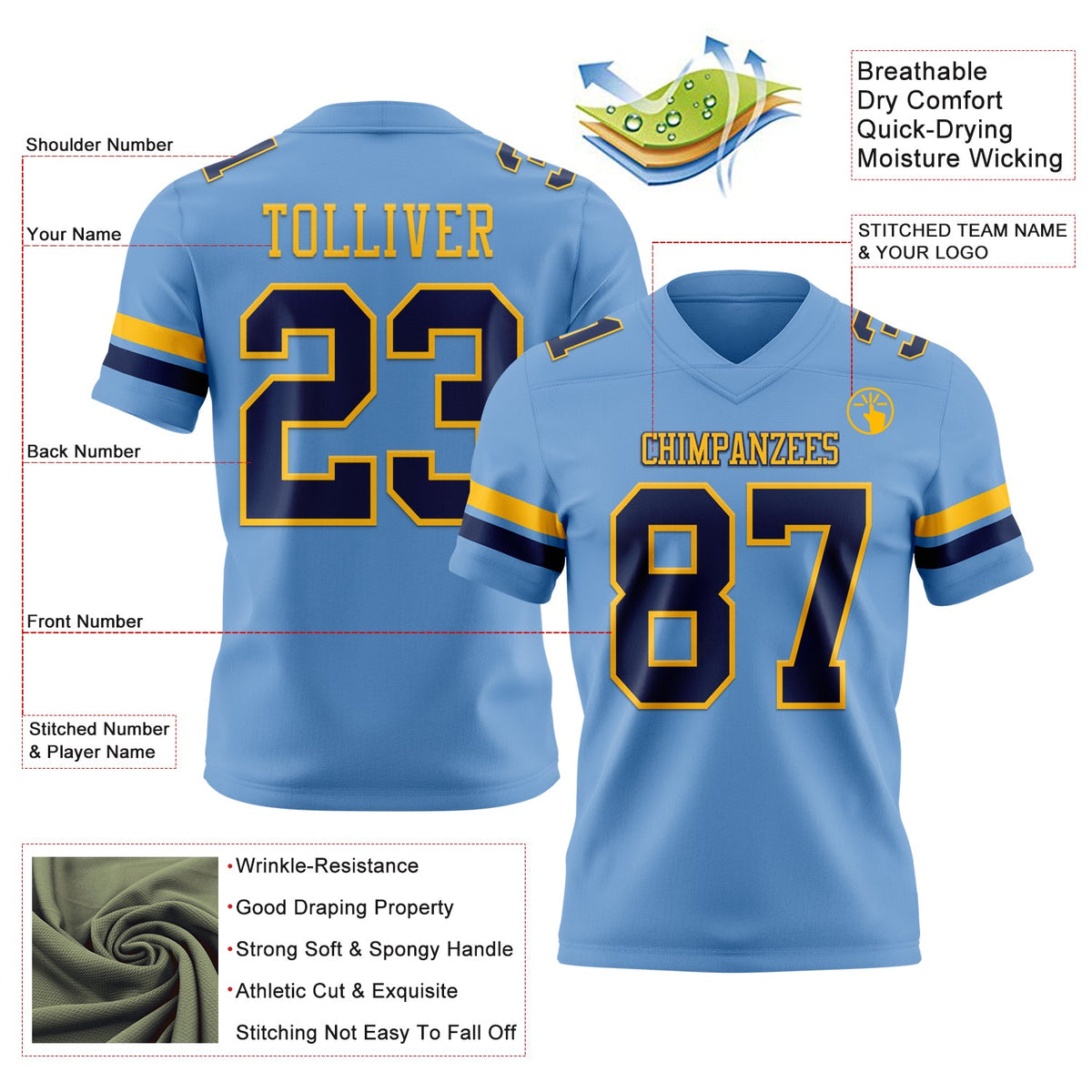 Custom Light Blue Navy-Gold Authentic Football Jersey