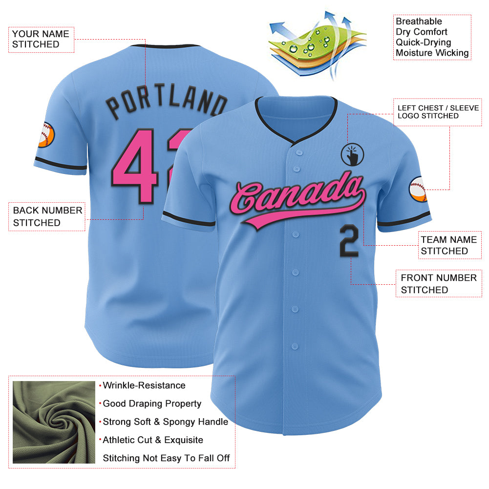 Custom Light Blue Pink-Black Authentic Baseball Jersey