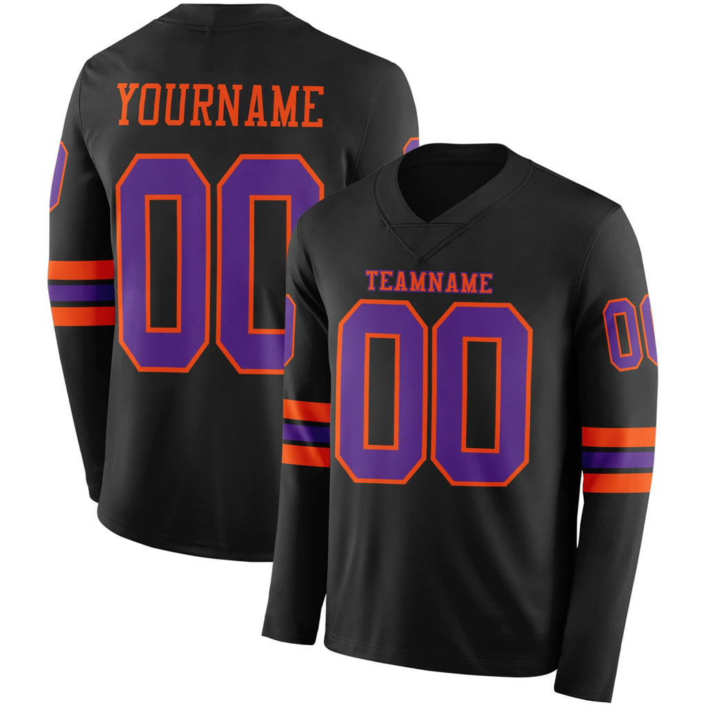 Custom Black Purple-Orange Long Sleeve Authentic Football Jersey