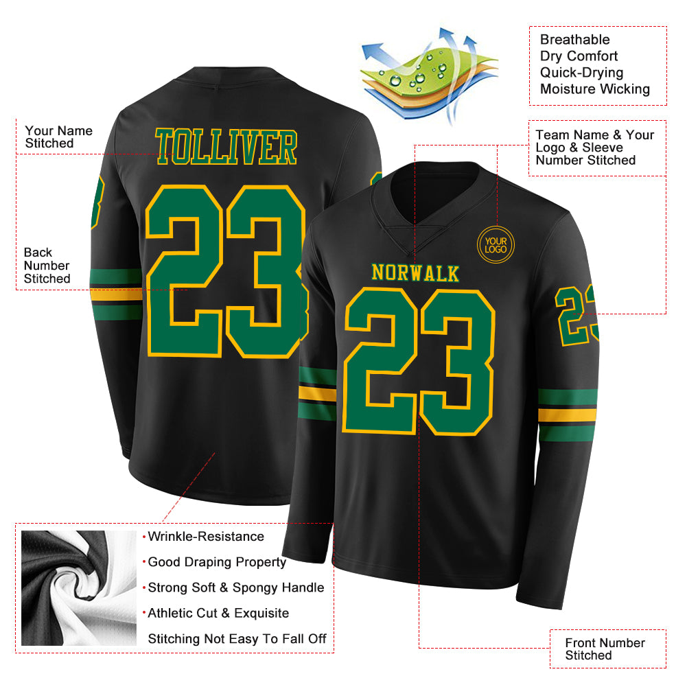 Custom Black Kelly Green-Gold Long Sleeve Authentic Football Jersey