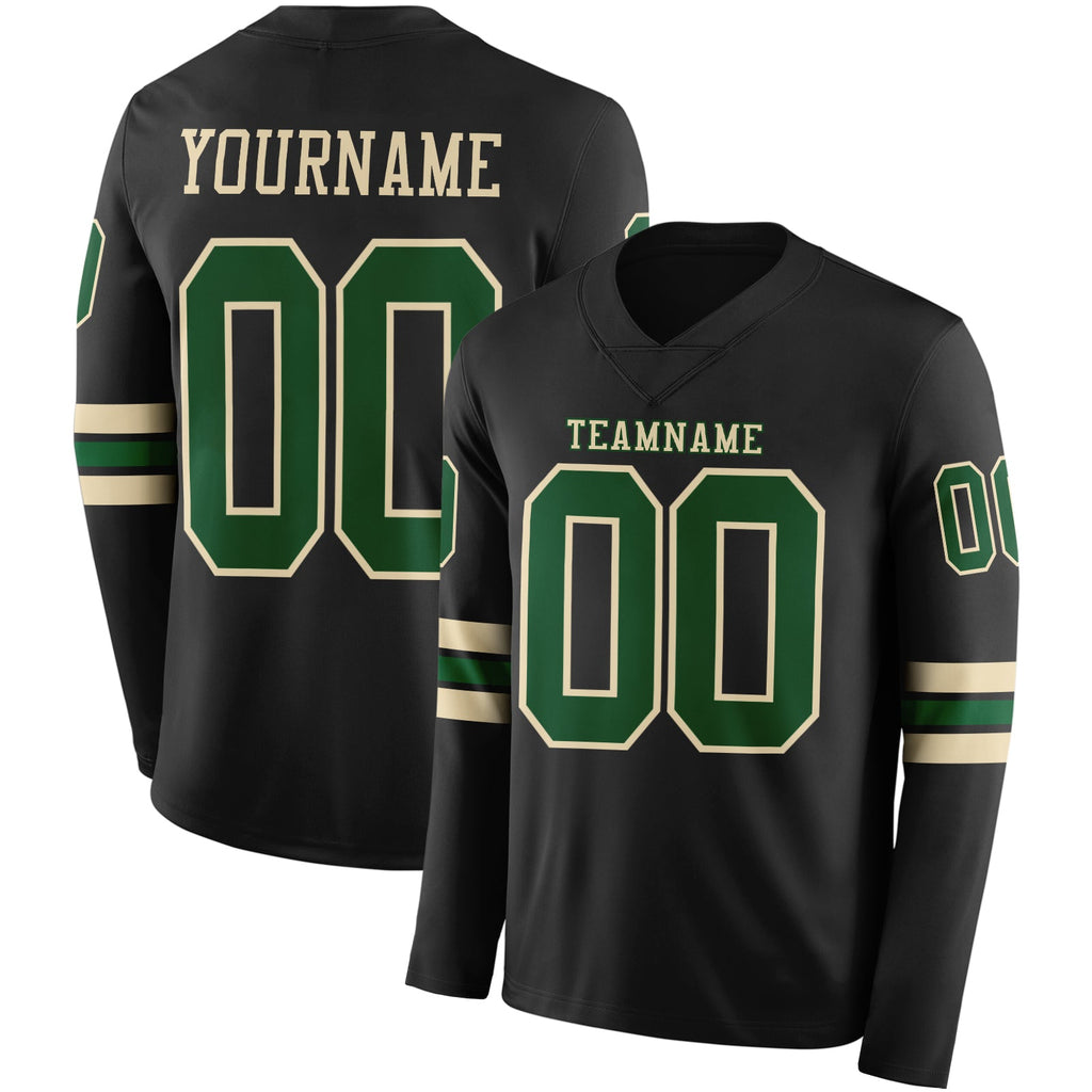 Custom Black Green-Cream Long Sleeve Authentic Football Jersey