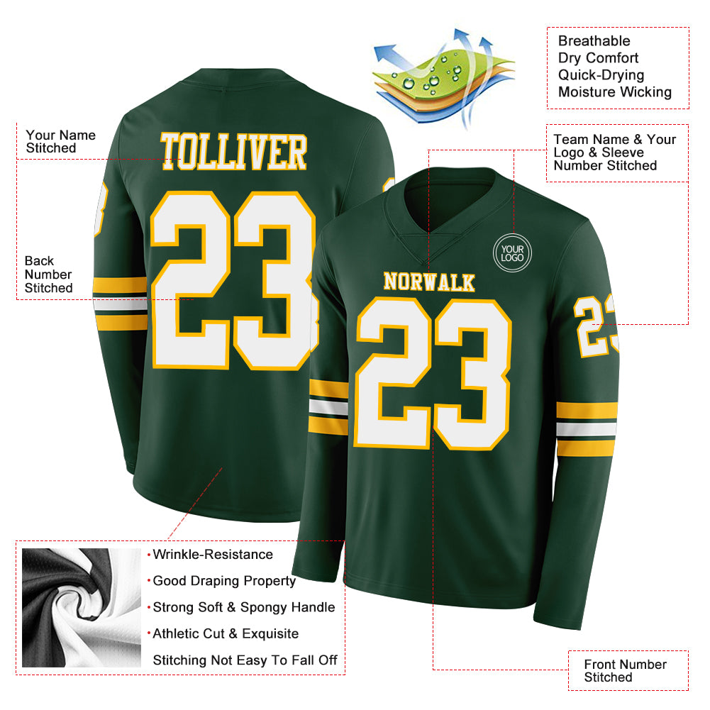 Custom Green White-Gold Long Sleeve Authentic Football Jersey