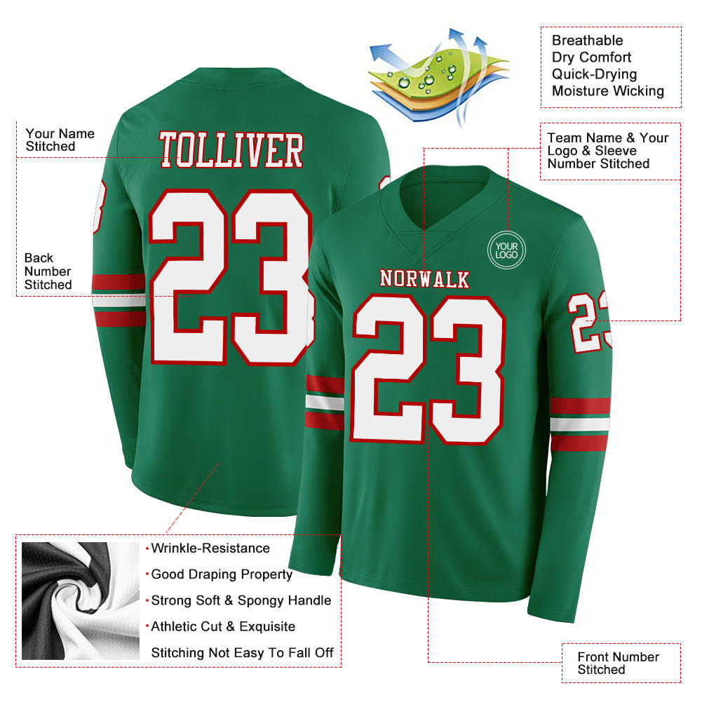 Custom Kelly Green White-Red Long Sleeve Authentic Football Jersey