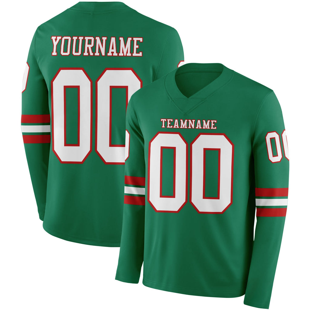 Custom Kelly Green White-Red Long Sleeve Authentic Football Jersey