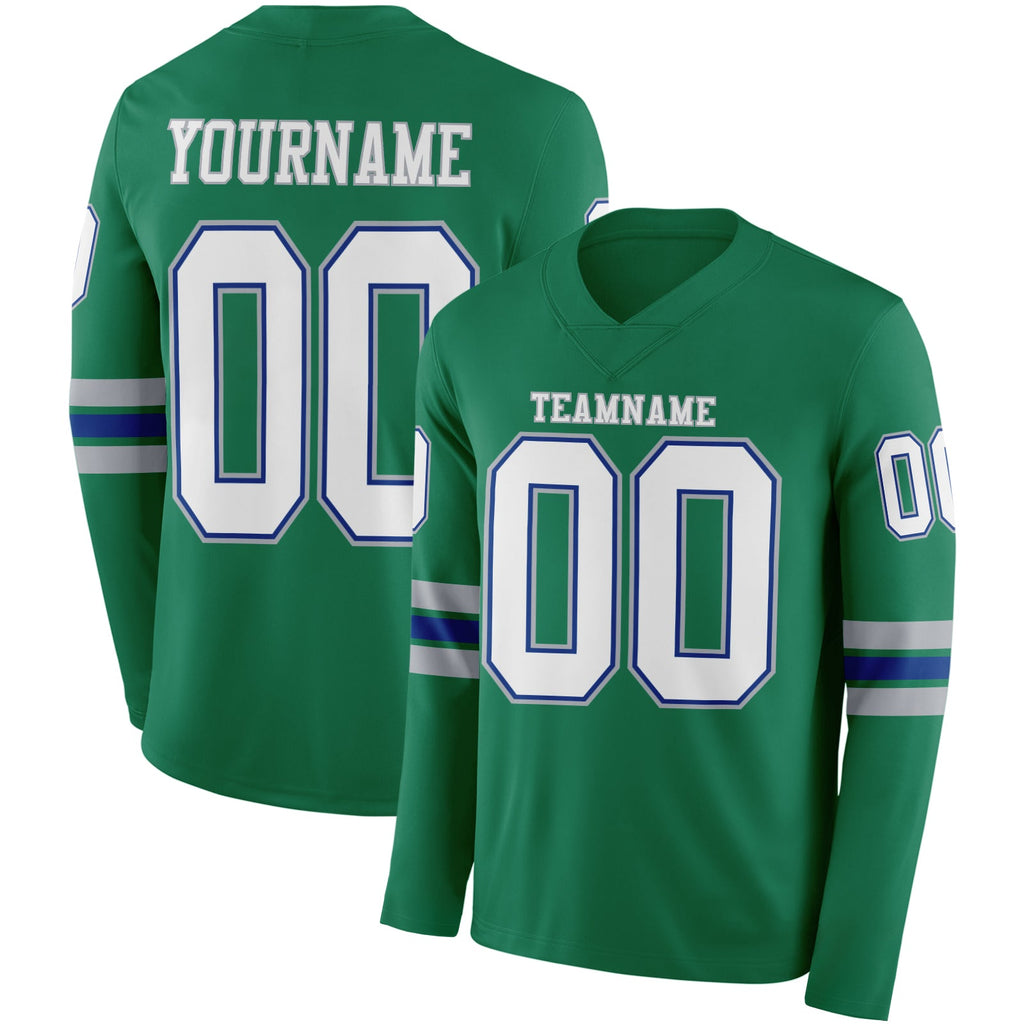 Custom Kelly Green White Royal-Gray Long Sleeve Authentic Football Jersey