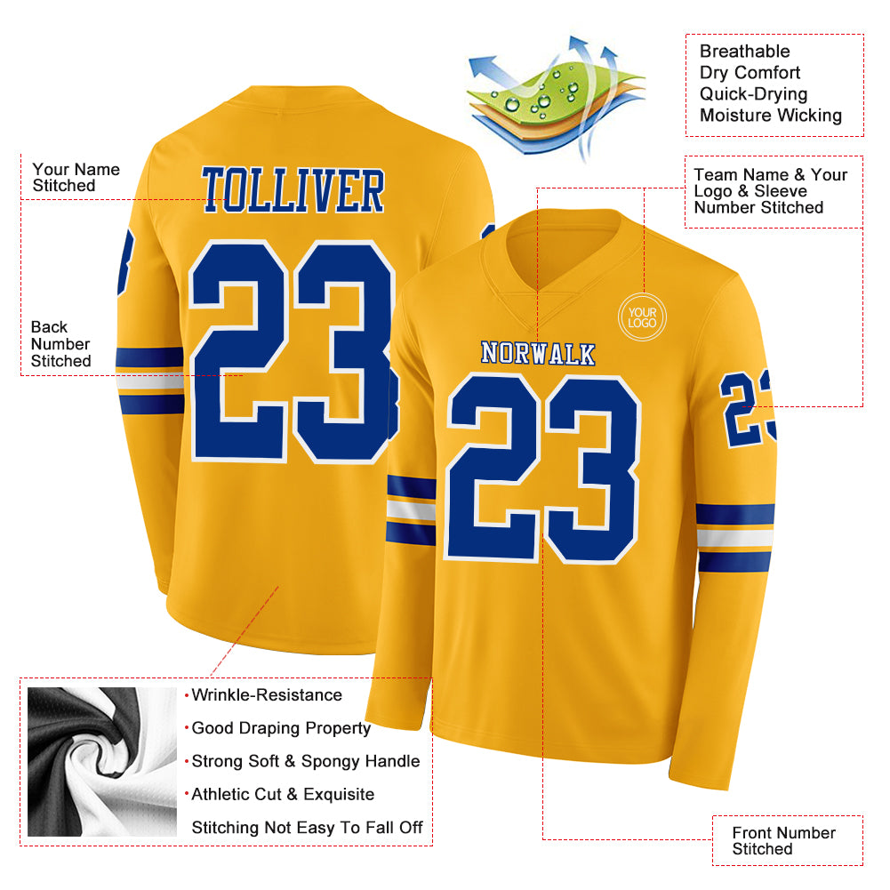 Custom Gold Royal-White Long Sleeve Authentic Football Jersey