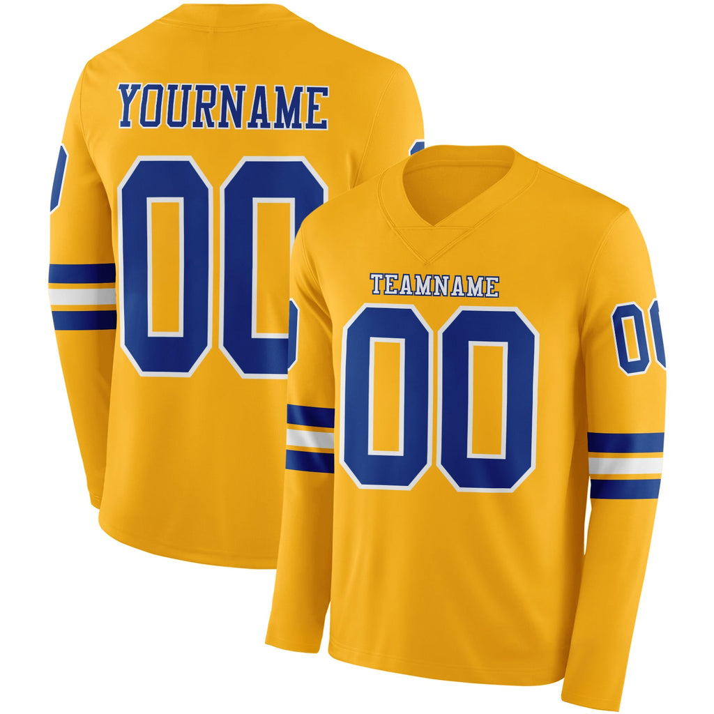 Custom Gold Royal-White Long Sleeve Authentic Football Jersey