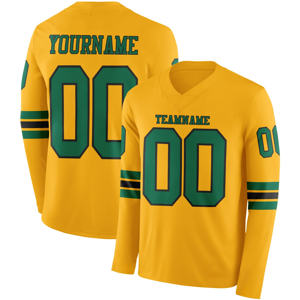 Custom Gold Kelly Green-Black Long Sleeve Authentic Football Jersey