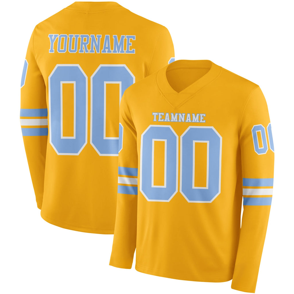 Custom Gold Light Blue-White Long Sleeve Authentic Football Jersey