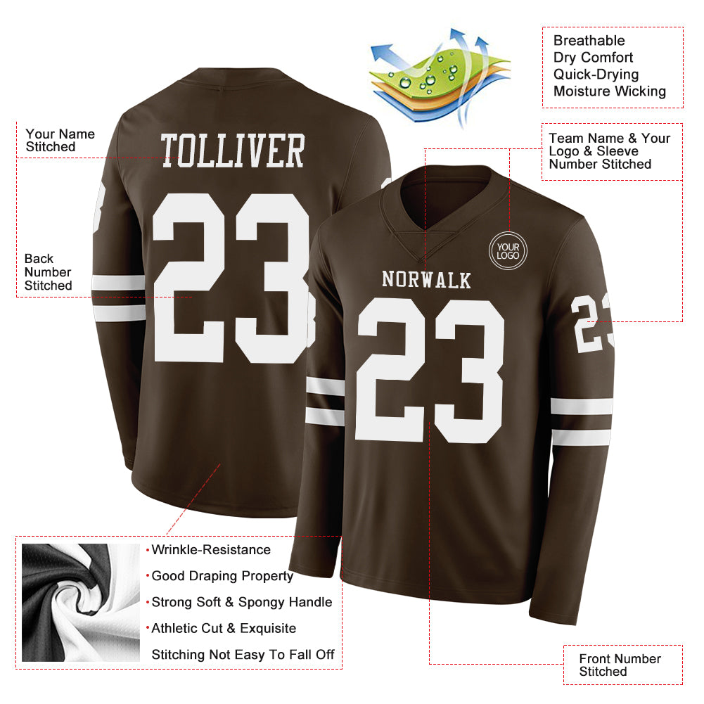 Custom Brwon White Long Sleeve Authentic Football Jersey