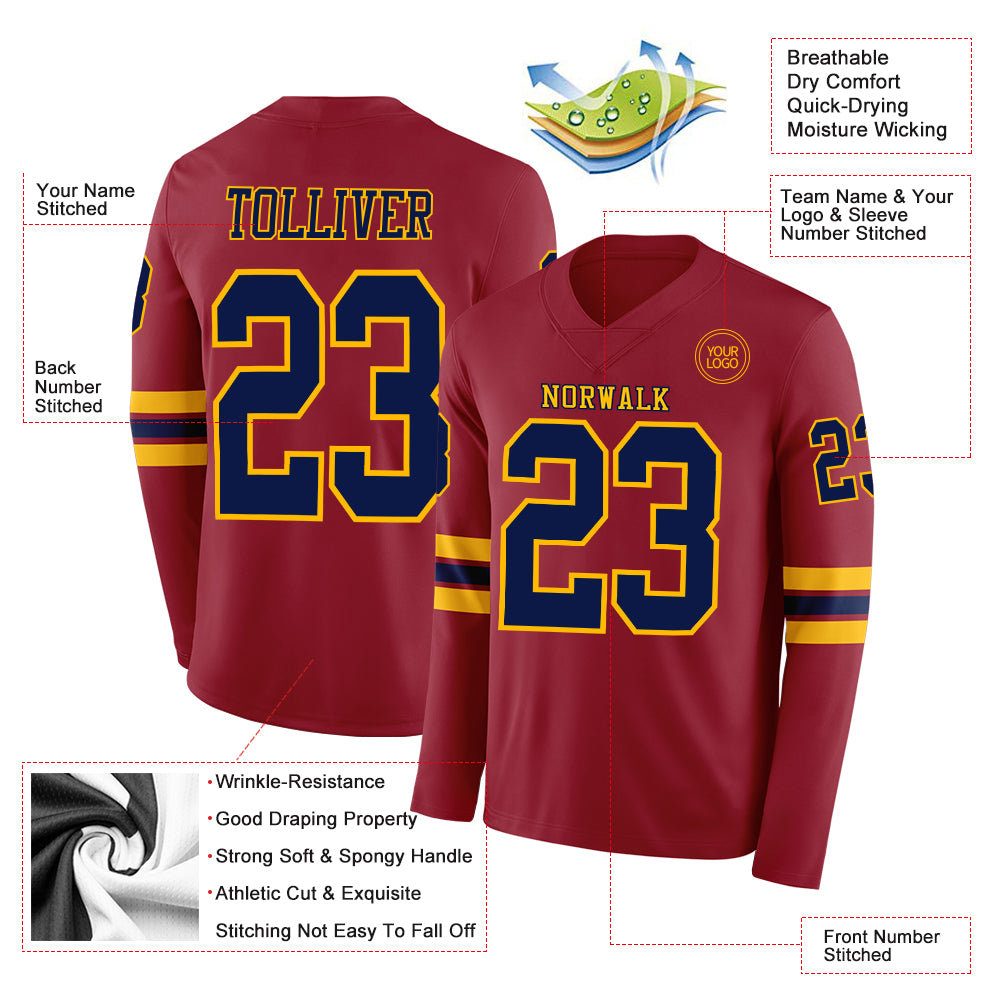 Custom Cardinal Navy-Gold Long Sleeve Authentic Football Jersey
