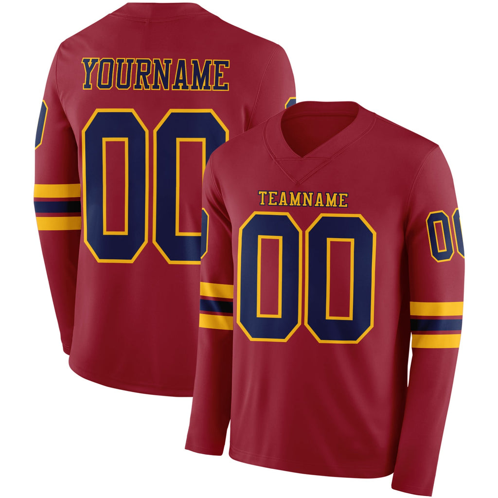 Custom Cardinal Navy-Gold Long Sleeve Authentic Football Jersey