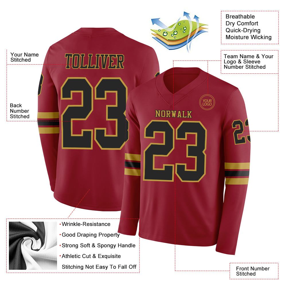 Custom Cardinal Black-Old Gold Long Sleeve Authentic Football Jersey