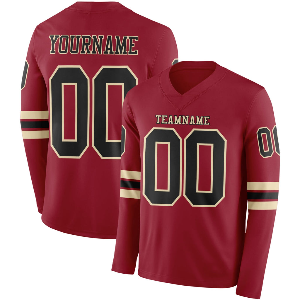 Custom Cardinal Black-Cream Long Sleeve Authentic Football Jersey