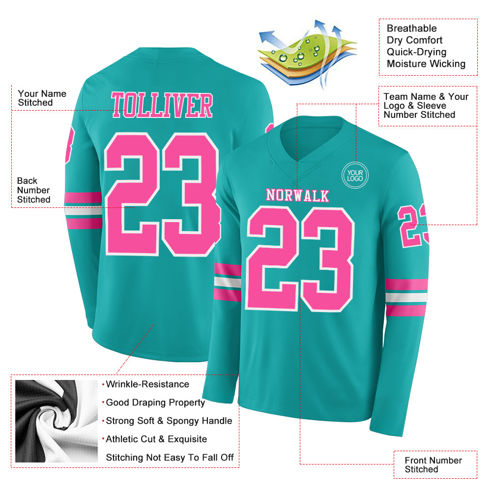 Custom Aqua Pink-White Long Sleeve Authentic Football Jersey