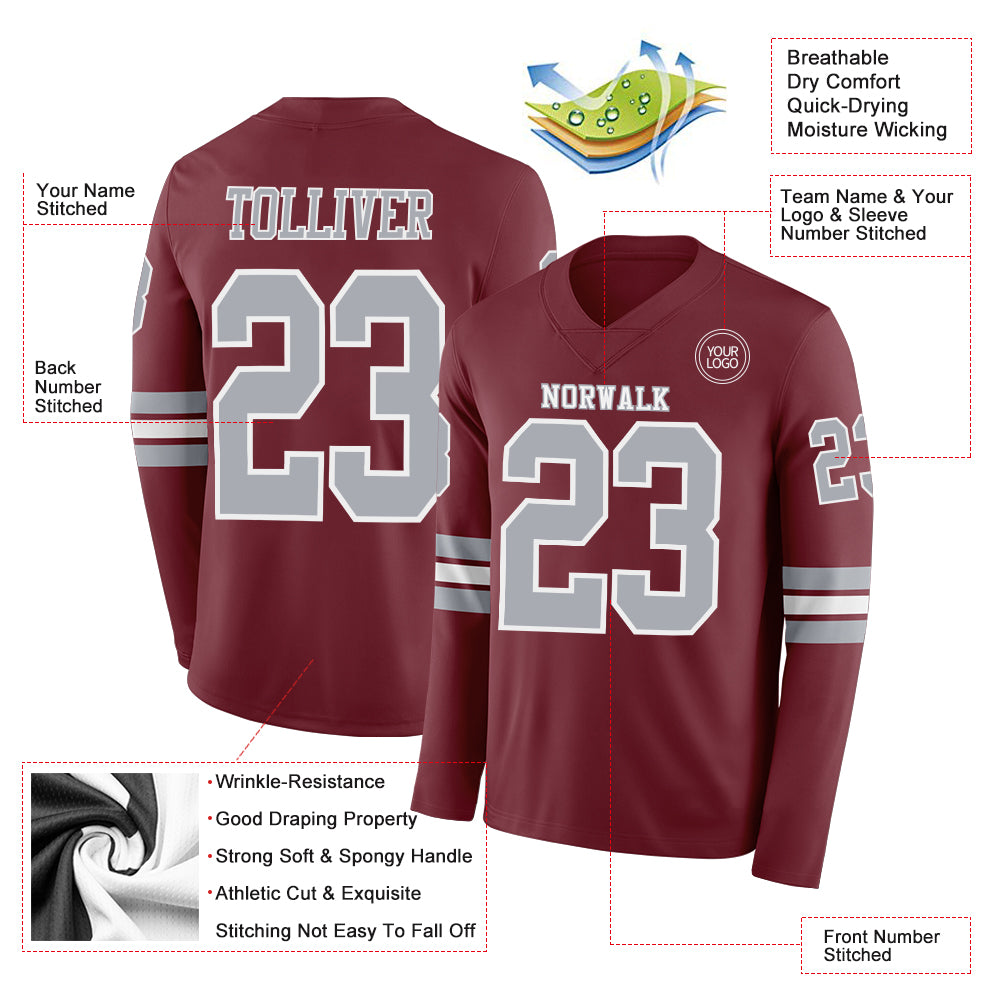 Custom Burgundy Gray-White Long Sleeve Authentic Football Jersey