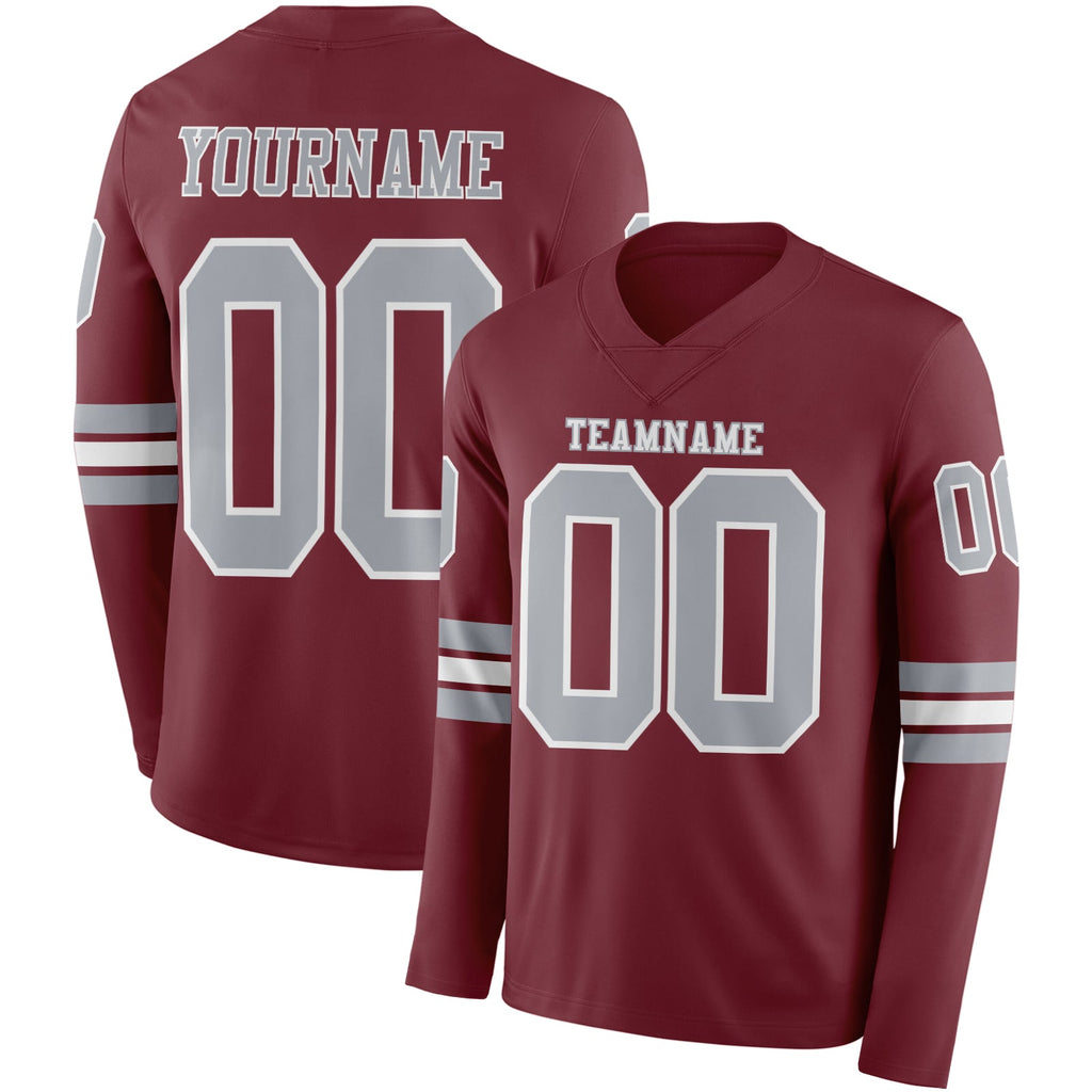 Custom Burgundy Gray-White Long Sleeve Authentic Football Jersey